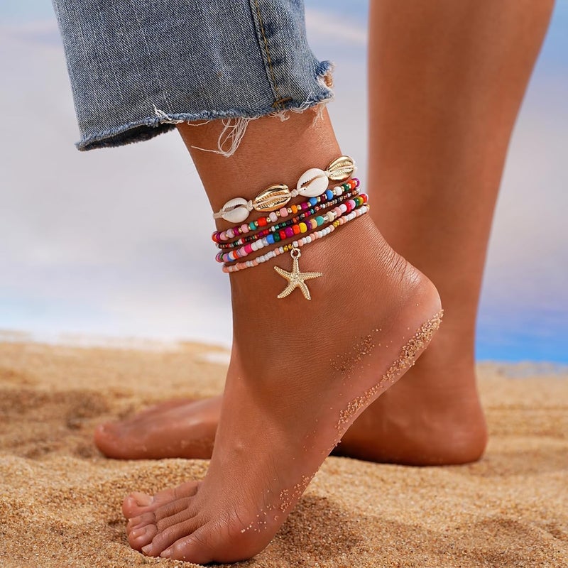 Shall Shell Boho Shell Ankle Bracelet Set for Women, 5 Pairs 14K Boho Bead Handmade Adjustable Anklet, Hawaiian Beach Seashell Starfish Foot Jewelry Gifts - Image 3
